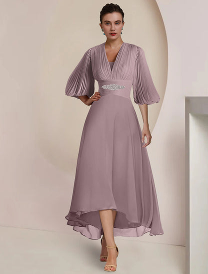 wholesale  A-Line Mother of the Bride Dress Formal Wedding Guest Party Vintage Elegant V Neck Tea Length Chiffon 3/4 Length Sleeve with Pleats Crystals