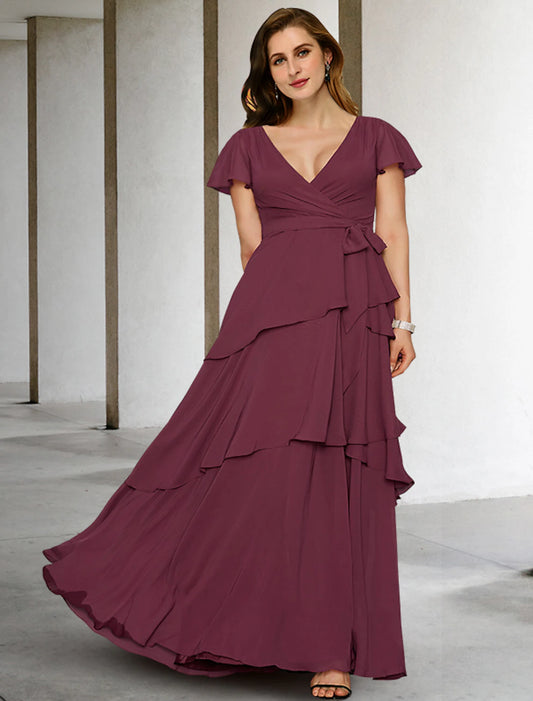 Wholesa  A-Line Mother of the Bride Dresses Plus Size Hide Belly Curve Vintage Dress Formal Floor Length Short Sleeve V Neck Chiffon with Ruffles Strappy Fall