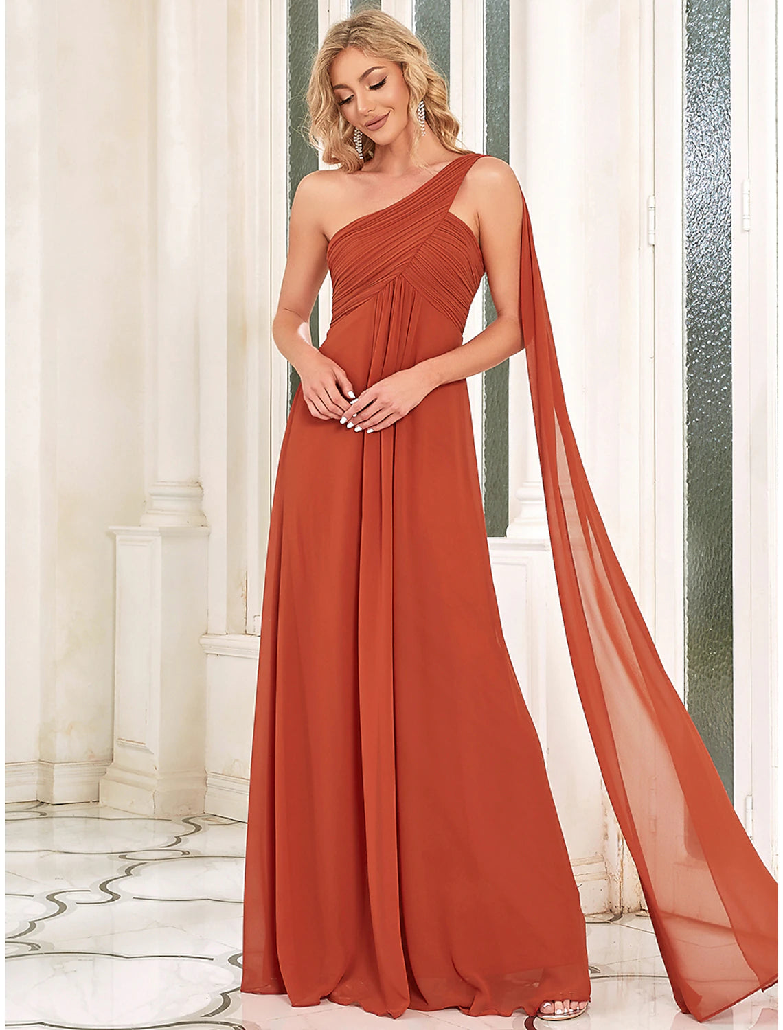 Wholesale A-Line Evening Gown Empire Dress Formal Evening Floor Length Sleeveless One Shoulder Bridesmaid Dress Chiffon Backless with Pleats Draping