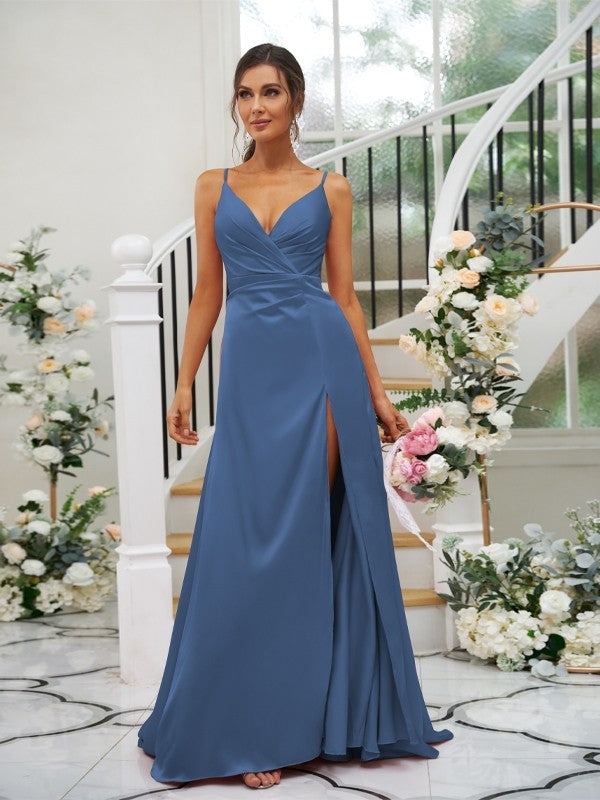 Wholesa A-Line/Princess Silk like Satin Ruched V-neck Sleeveless Floor-Length Bridesmaid Dresses