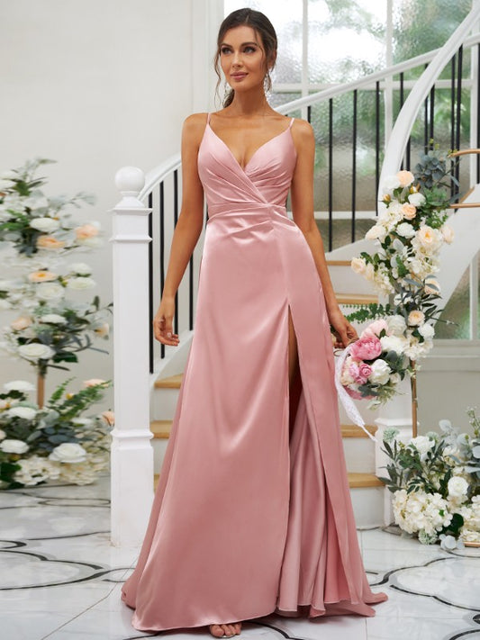 Wholesa A-Line/Princess Silk like Satin Ruched V-neck Sleeveless Floor-Length Bridesmaid Dresses