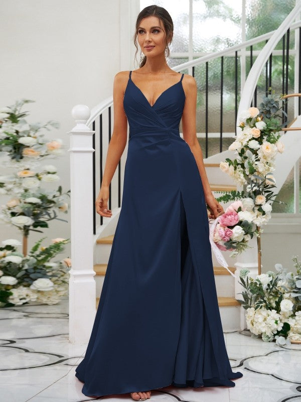 Wholesa A-Line/Princess Silk like Satin Ruched V-neck Sleeveless Floor-Length Bridesmaid Dresses