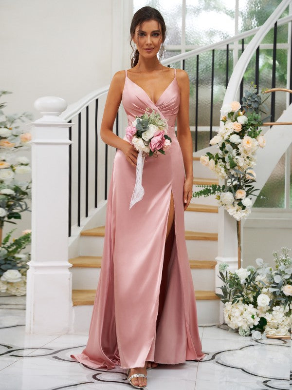 Wholesa A-Line/Princess Silk like Satin Ruched V-neck Sleeveless Floor-Length Bridesmaid Dresses