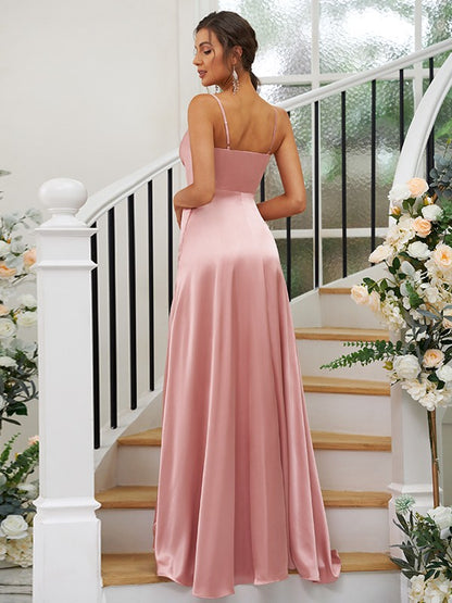 Wholesa A-Line/Princess Silk like Satin Ruched V-neck Sleeveless Floor-Length Bridesmaid Dresses