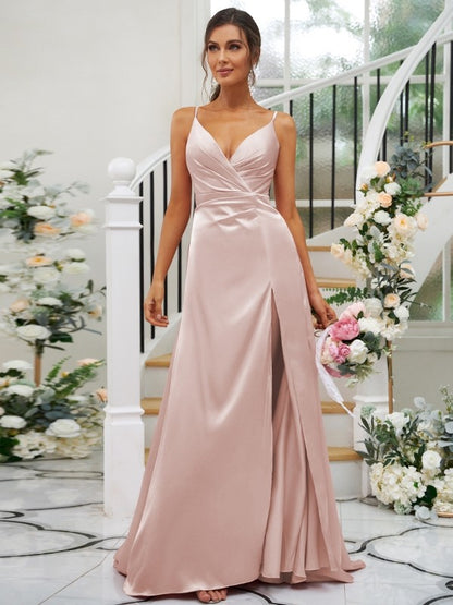 Wholesa A-Line/Princess Silk like Satin Ruched V-neck Sleeveless Floor-Length Bridesmaid Dresses