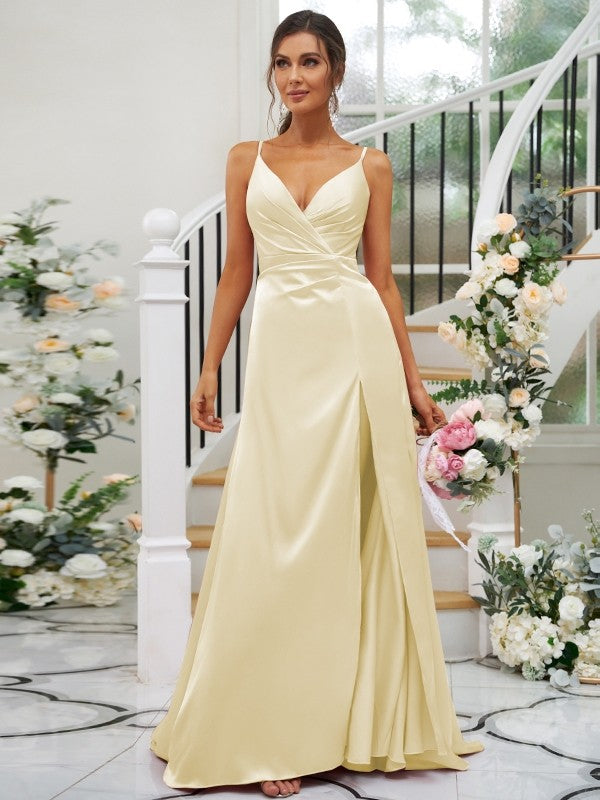 Wholesa A-Line/Princess Silk like Satin Ruched V-neck Sleeveless Floor-Length Bridesmaid Dresses