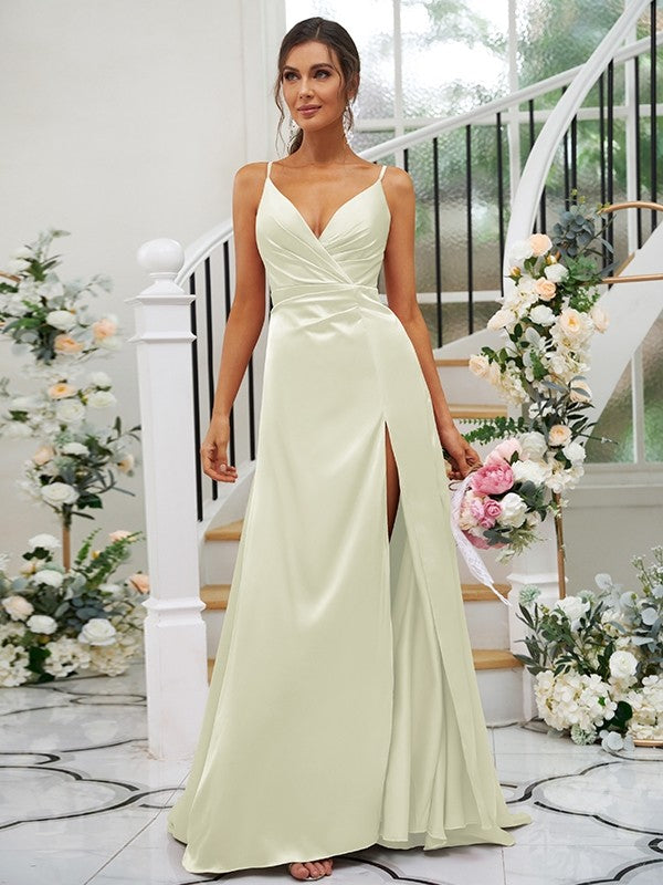 Wholesa A-Line/Princess Silk like Satin Ruched V-neck Sleeveless Floor-Length Bridesmaid Dresses