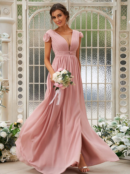 Wholesa A-Line/Princess Chiffon Ruffles V-neck Sleeveless Sweep/Brush Train Bridesmaid Dresses