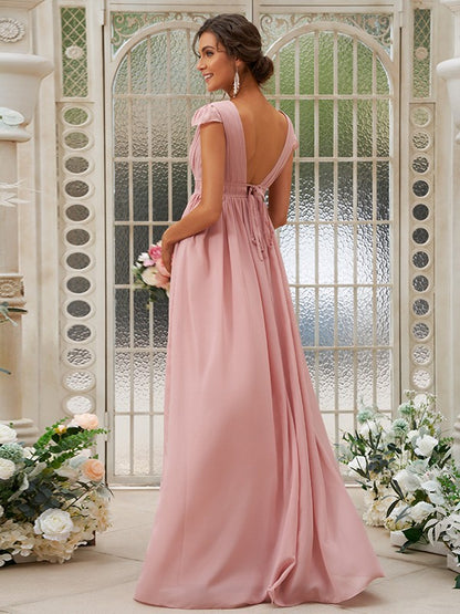 Wholesa A-Line/Princess Chiffon Ruffles V-neck Sleeveless Sweep/Brush Train Bridesmaid Dresses