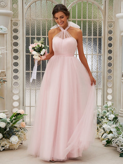 Wholesa A-Line/Princess Tulle Ruffles Halter Sleeveless Floor-Length Bridesmaid Dresses