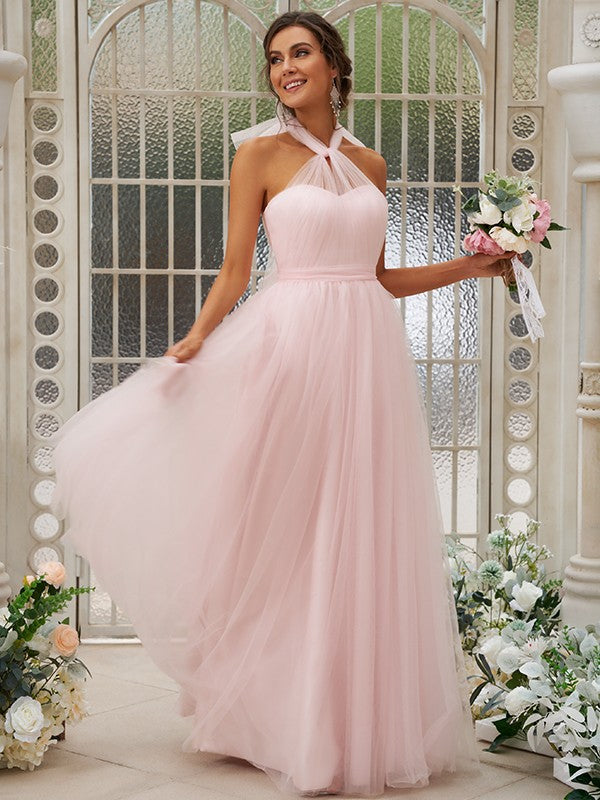 Wholesa A-Line/Princess Tulle Ruffles Halter Sleeveless Floor-Length Bridesmaid Dresses