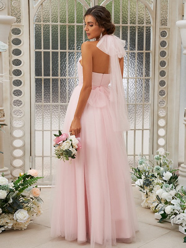 Wholesa A-Line/Princess Tulle Ruffles Halter Sleeveless Floor-Length Bridesmaid Dresses