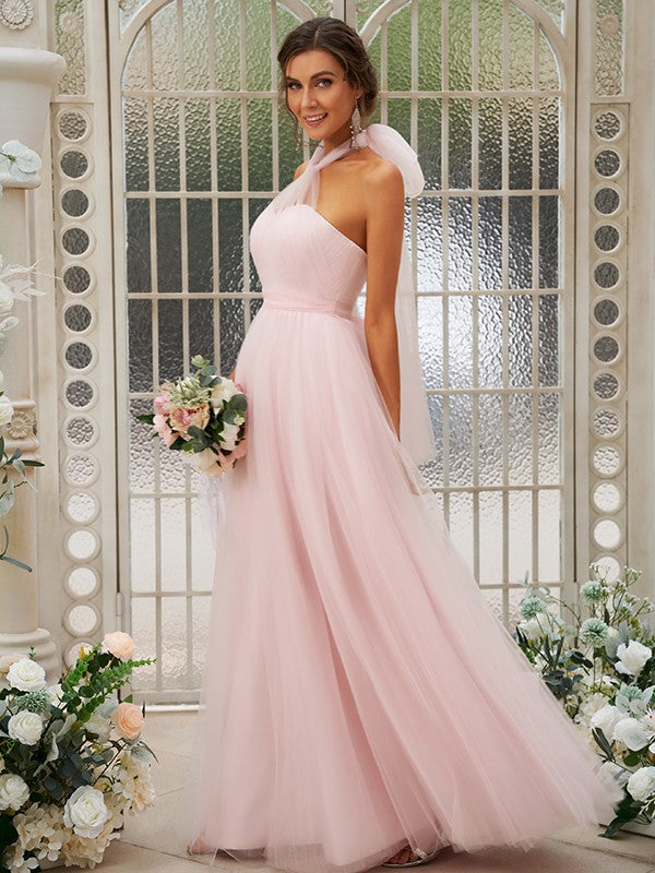 Wholesa A-Line/Princess Tulle Ruffles Halter Sleeveless Floor-Length Bridesmaid Dresses