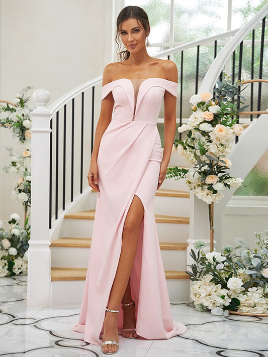 Wholesa Sheath/Column Stretch Crepe Ruched Off-the-Shoulder Sleeveless Sweep/Brush Train Bridesmaid Dresses