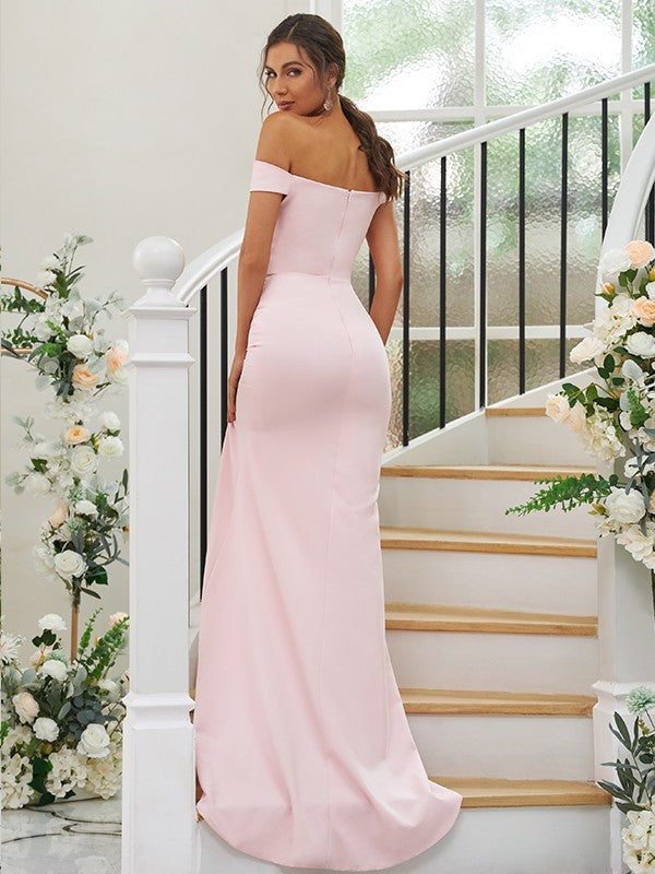 Wholesa Sheath/Column Stretch Crepe Ruched Off-the-Shoulder Sleeveless Sweep/Brush Train Bridesmaid Dresses