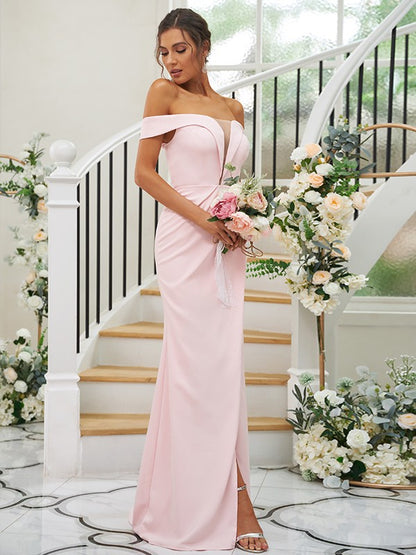 Wholesa Sheath/Column Stretch Crepe Ruched Off-the-Shoulder Sleeveless Sweep/Brush Train Bridesmaid Dresses