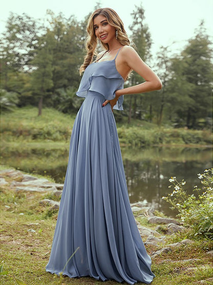 Wholesa A-Line/Princess Chiffon Ruffles Spaghetti Straps Sleeveless Floor-Length Bridesmaid Dresses