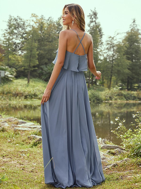 Wholesa A-Line/Princess Chiffon Ruffles Spaghetti Straps Sleeveless Floor-Length Bridesmaid Dresses