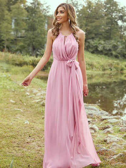 Wholesa A-Line/Princess Chiffon Ruffles Halter Sleeveless Sweep/Brush Train Bridesmaid Dresses