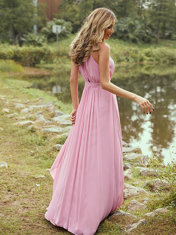 Wholesa A-Line/Princess Chiffon Ruffles Halter Sleeveless Sweep/Brush Train Bridesmaid Dresses