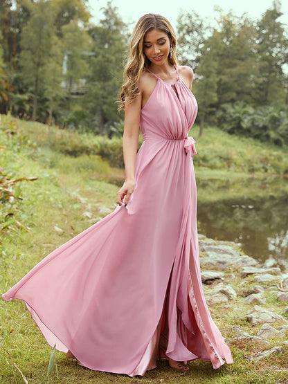 Wholesa A-Line/Princess Chiffon Ruffles Halter Sleeveless Sweep/Brush Train Bridesmaid Dresses