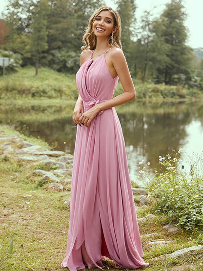 Wholesa A-Line/Princess Chiffon Ruffles Halter Sleeveless Sweep/Brush Train Bridesmaid Dresses