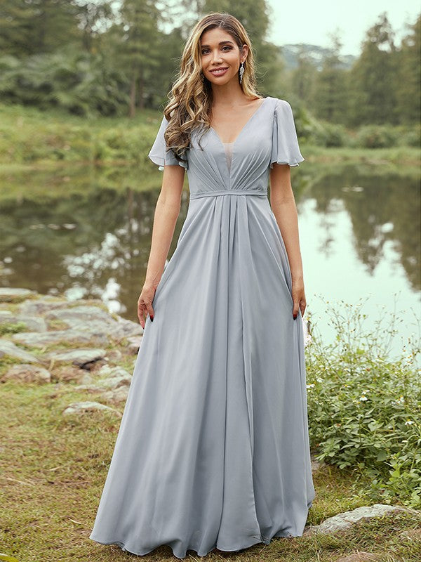 Wholesa A-Line/Princess Chiffon Ruffles V-neck Short Sleeves Floor-Length Bridesmaid Dresses