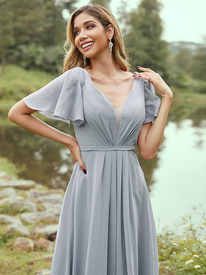 Wholesa A-Line/Princess Chiffon Ruffles V-neck Short Sleeves Floor-Length Bridesmaid Dresses