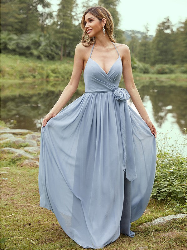 Wholesa A-Line/Princess Chiffon Ruffles V-neck Sleeveless Sweep/Brush Train Bridesmaid Dresses