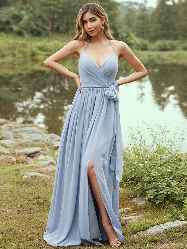 Wholesa A-Line/Princess Chiffon Ruffles V-neck Sleeveless Sweep/Brush Train Bridesmaid Dresses