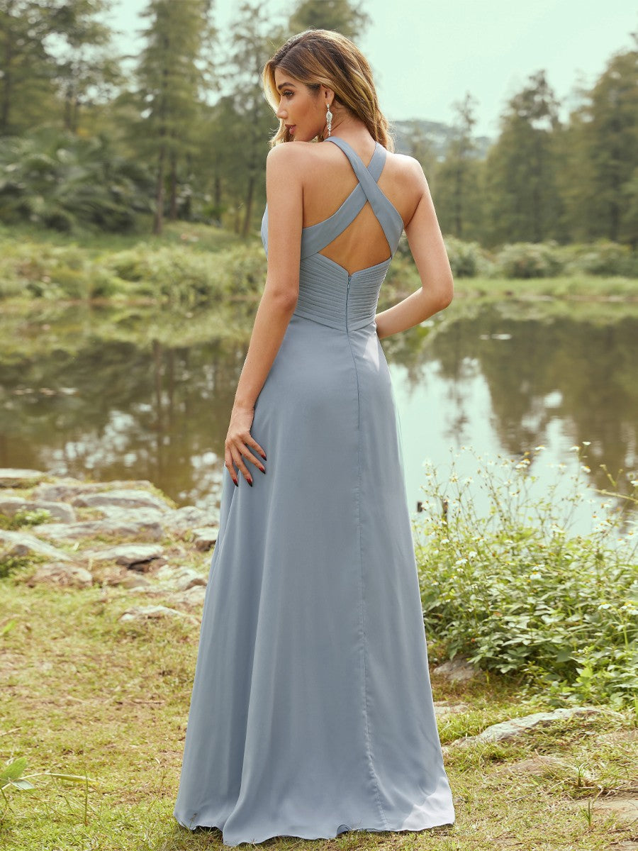 Wholesa A-Line/Princess Chiffon Ruched Halter Sleeveless Sweep/Brush Train Bridesmaid Dresses