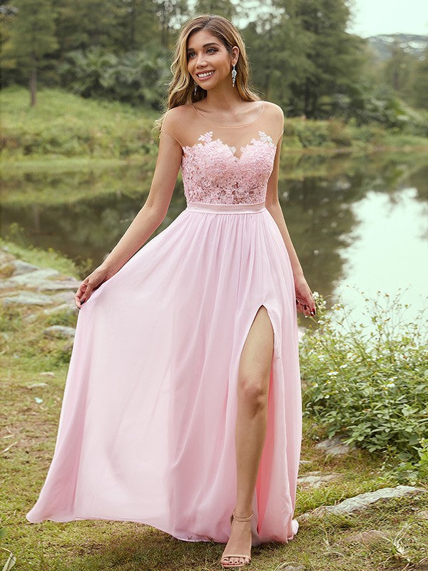 Wholesa A-Line/Princess Chiffon Applique Scoop Short Sleeves Floor-Length Bridesmaid Dresses