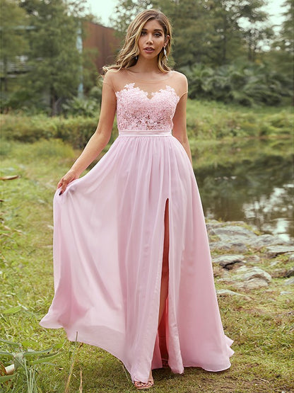 Wholesa A-Line/Princess Chiffon Applique Scoop Short Sleeves Floor-Length Bridesmaid Dresses