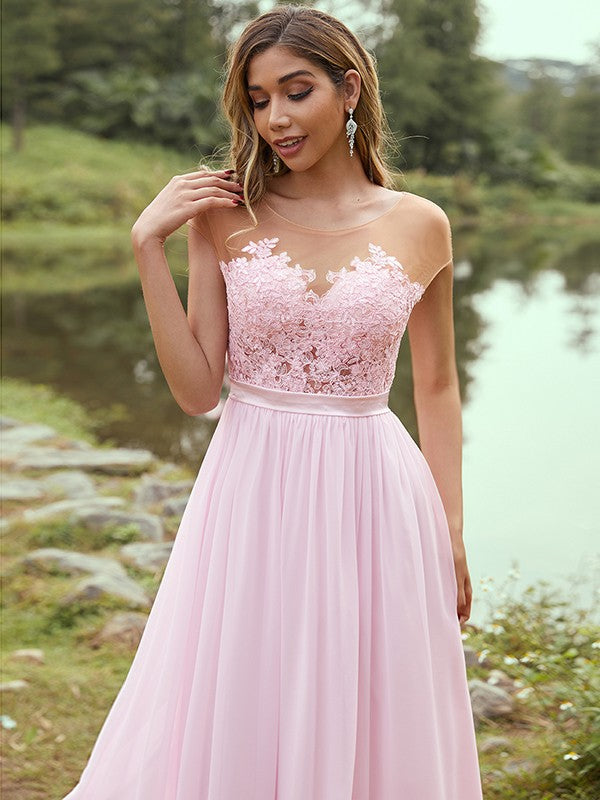 Wholesa A-Line/Princess Chiffon Applique Scoop Short Sleeves Floor-Length Bridesmaid Dresses