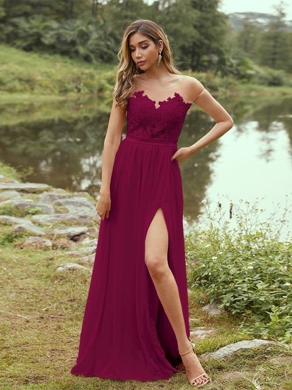 Wholesa A-Line/Princess Chiffon Applique Scoop Short Sleeves Floor-Length Bridesmaid Dresses