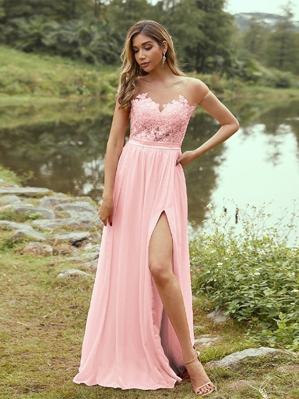 Wholesa A-Line/Princess Chiffon Applique Scoop Short Sleeves Floor-Length Bridesmaid Dresses