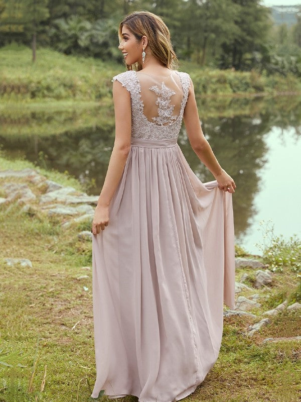 Wholesa A-Line/Princess Chiffon Applique Sweetheart Sleeveless Floor-Length Bridesmaid Dresses