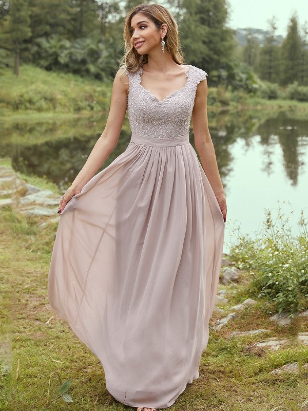 Wholesa A-Line/Princess Chiffon Applique Sweetheart Sleeveless Floor-Length Bridesmaid Dresses