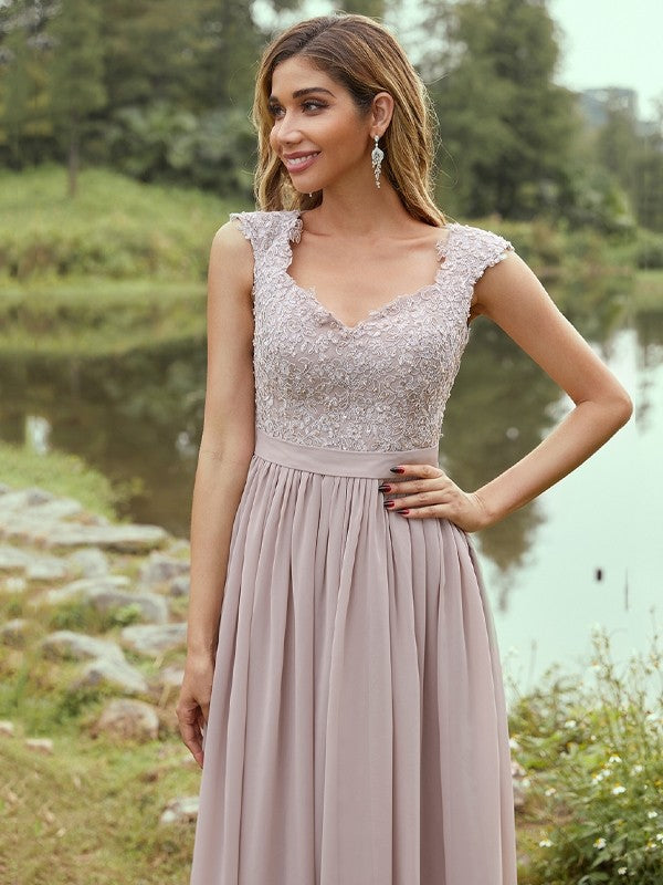 Wholesa A-Line/Princess Chiffon Applique Sweetheart Sleeveless Floor-Length Bridesmaid Dresses