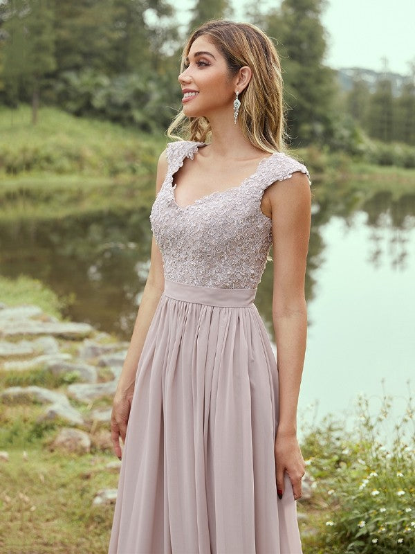 Wholesa A-Line/Princess Chiffon Applique Sweetheart Sleeveless Floor-Length Bridesmaid Dresses