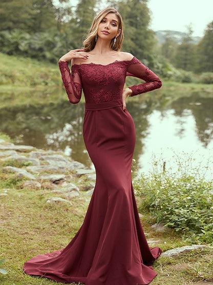 Wholesa Sheath/Column Stretch Crepe Applique Off-the-Shoulder Long Sleeves Sweep/Brush Train Bridesmaid Dresses