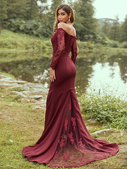 Wholesa Sheath/Column Stretch Crepe Applique Off-the-Shoulder Long Sleeves Sweep/Brush Train Bridesmaid Dresses