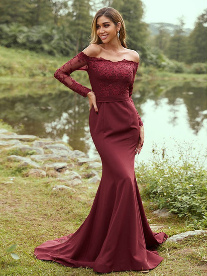 Wholesa Sheath/Column Stretch Crepe Applique Off-the-Shoulder Long Sleeves Sweep/Brush Train Bridesmaid Dresses