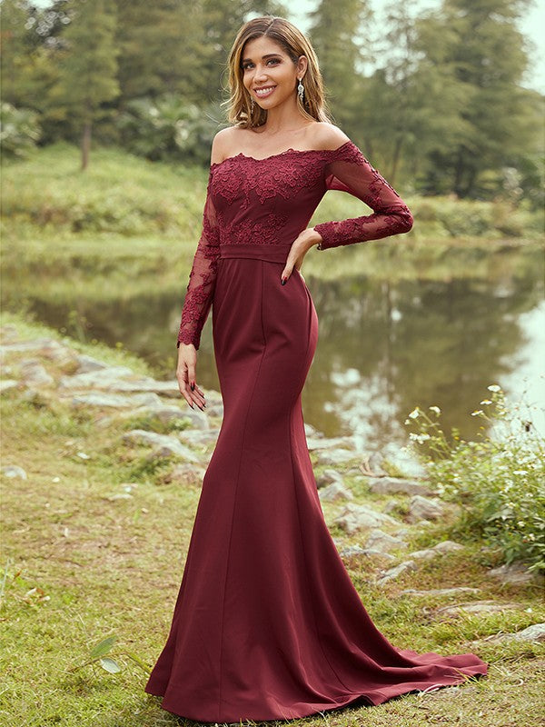 Wholesa Sheath/Column Stretch Crepe Applique Off-the-Shoulder Long Sleeves Sweep/Brush Train Bridesmaid Dresses