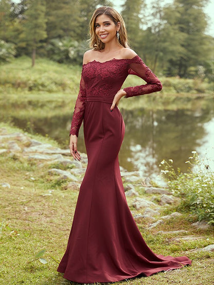 Wholesa Sheath/Column Stretch Crepe Applique Off-the-Shoulder Long Sleeves Sweep/Brush Train Bridesmaid Dresses