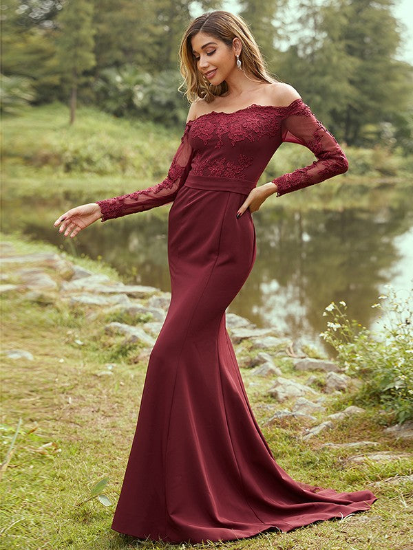 Wholesa Sheath/Column Stretch Crepe Applique Off-the-Shoulder Long Sleeves Sweep/Brush Train Bridesmaid Dresses