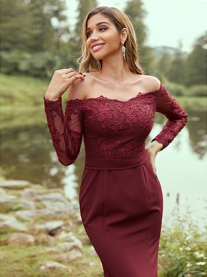 Wholesa Sheath/Column Stretch Crepe Applique Off-the-Shoulder Long Sleeves Sweep/Brush Train Bridesmaid Dresses