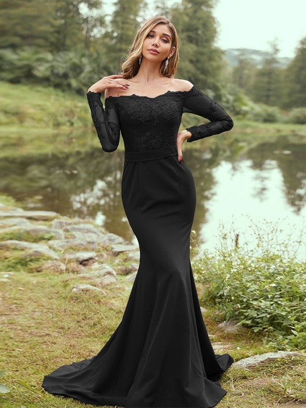 Wholesa Sheath/Column Stretch Crepe Applique Off-the-Shoulder Long Sleeves Sweep/Brush Train Bridesmaid Dresses