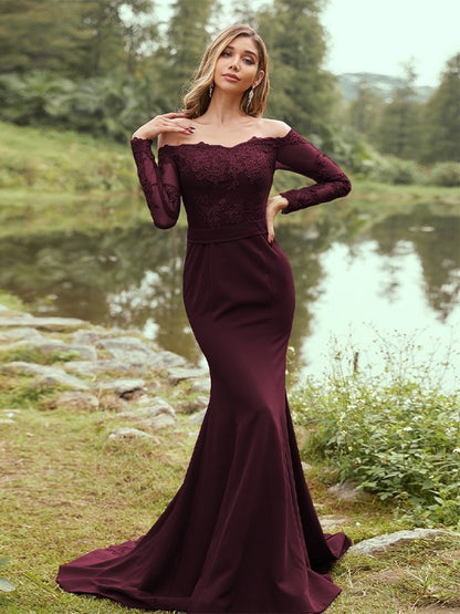 Wholesa Sheath/Column Stretch Crepe Applique Off-the-Shoulder Long Sleeves Sweep/Brush Train Bridesmaid Dresses