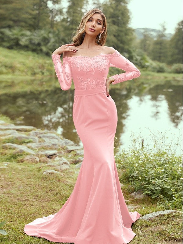 Wholesa Sheath/Column Stretch Crepe Applique Off-the-Shoulder Long Sleeves Sweep/Brush Train Bridesmaid Dresses